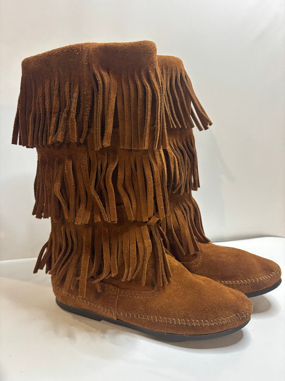 Minnetonka 1632 3 Layer Fringe Moccasin Boots Brown Suede Women’s Size 7 Boho